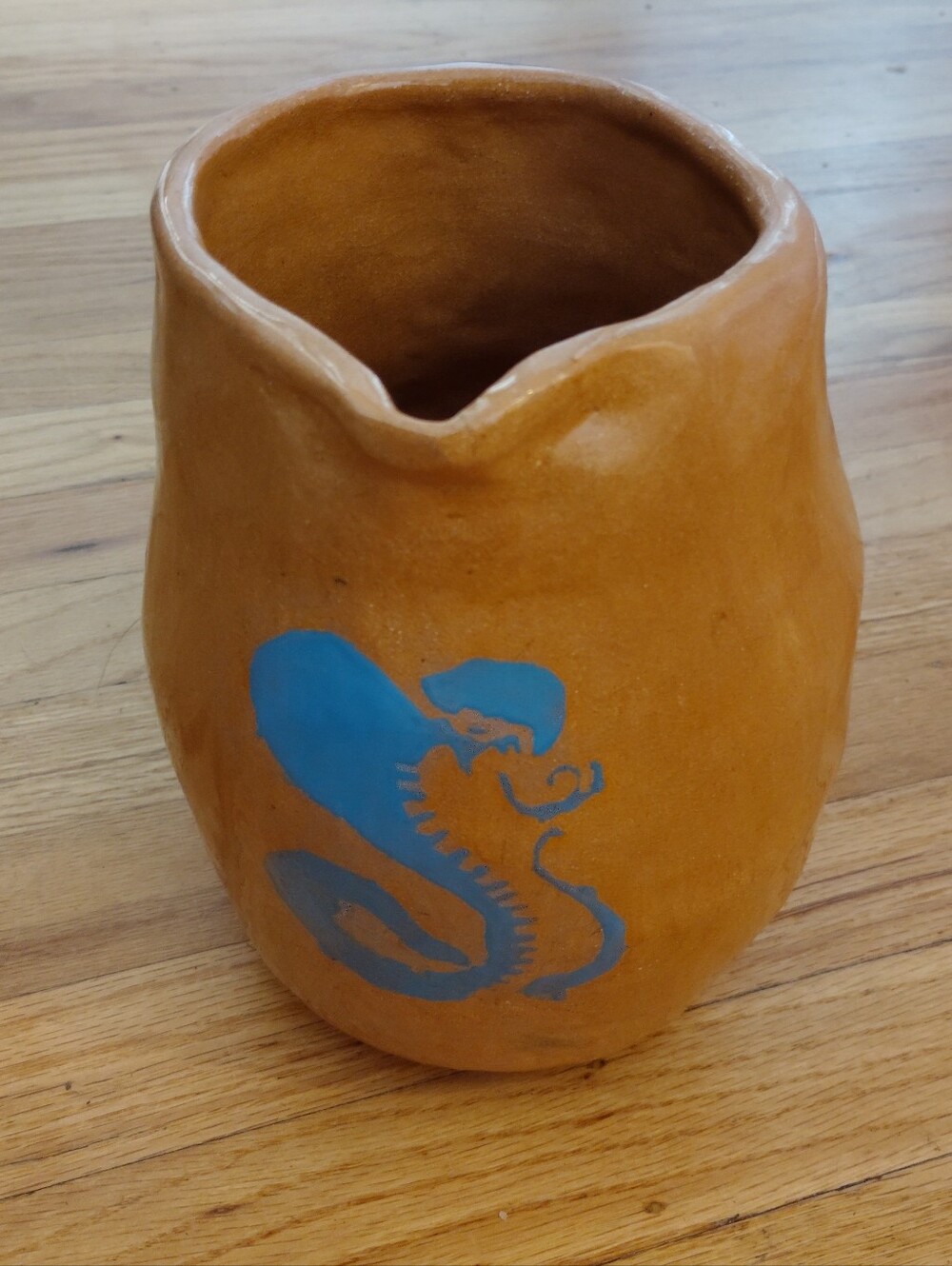 Hand Thrown Glazed Pottery pitcher Blue Painted Seahorse Artisan Rustic